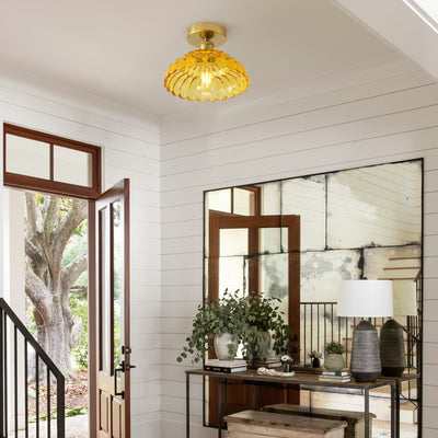 1-Light Modern Vintage Ceiling Light Fixture, Amber Glass Semi Flush Mount with Brass Finish