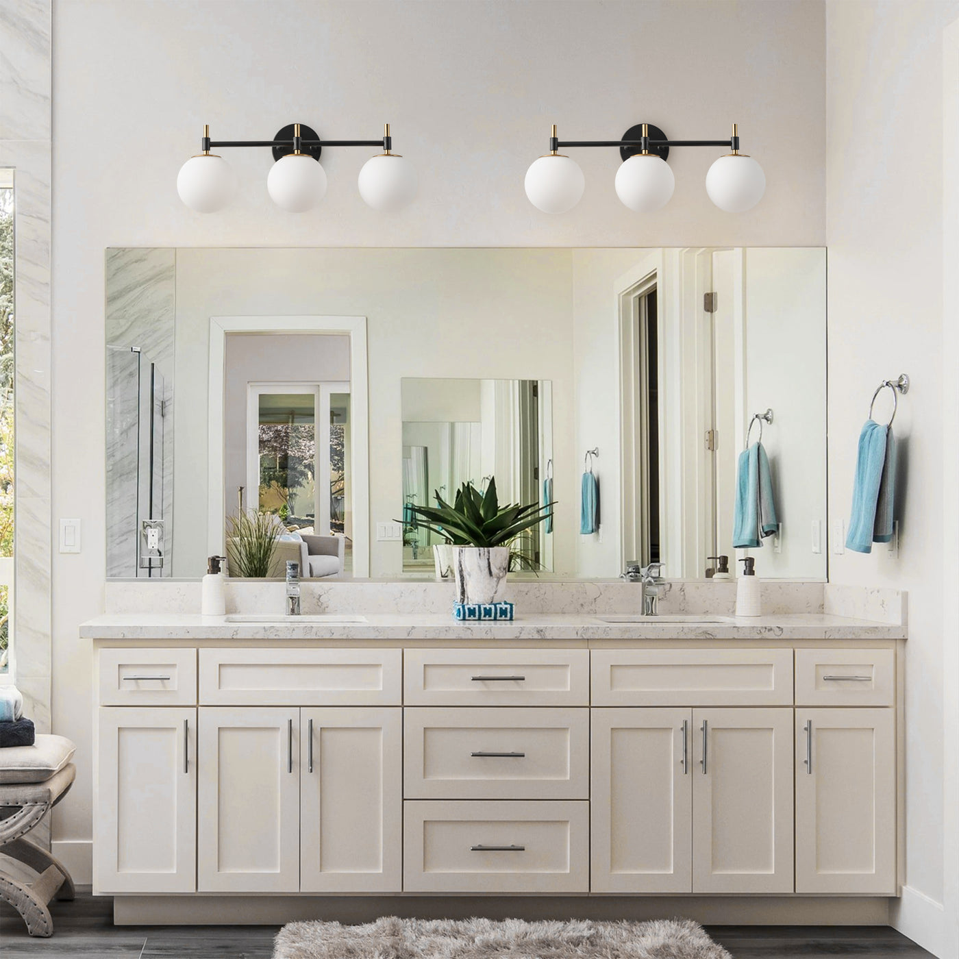 3-Light Black & Gold Vanity Light for Bathroom, Mid-Century Modern, Opal Globe Shades