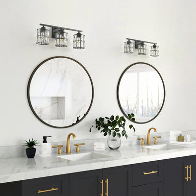 3-Light Black Crystal Wall Sconce, Industrial Vanity Light Fixture with Sparkling Crystal Lampshades
