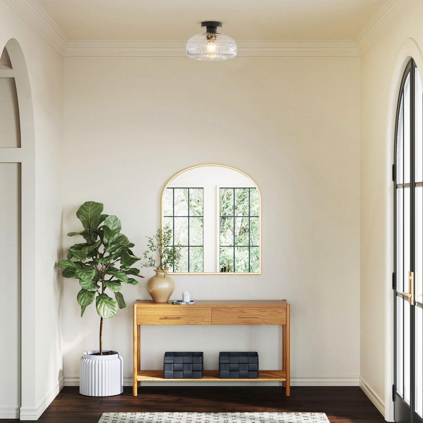 1-Light Industrial Flush Mount, Clear Patterned Glass Dome, Hallway Bedroom Ceiling Light