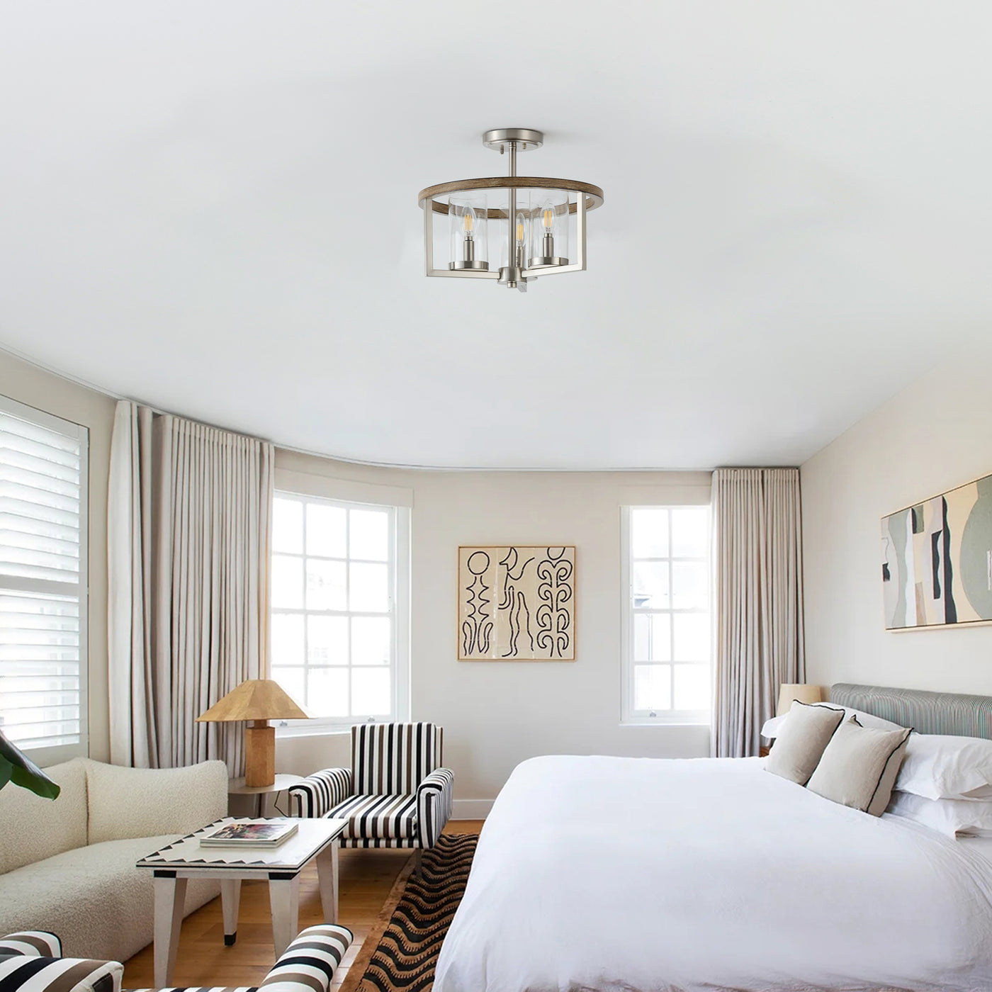 3 Light Industrial Semi Flush Mount Light Transparent Cylinder Shade High Transparency Glass for Dining Room Hallway