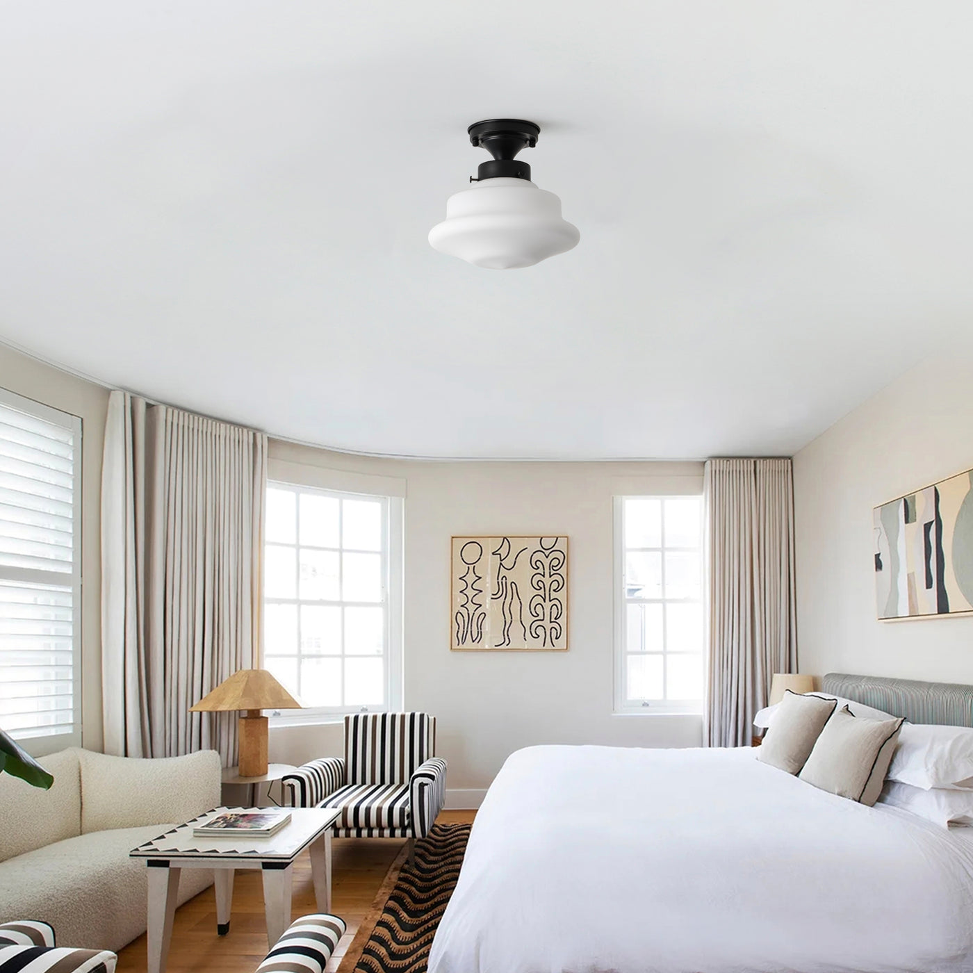 1 Light Retro Classic Semi Flush Mount Light Opal White Glass Shade Matte Black Ceiling Lamp