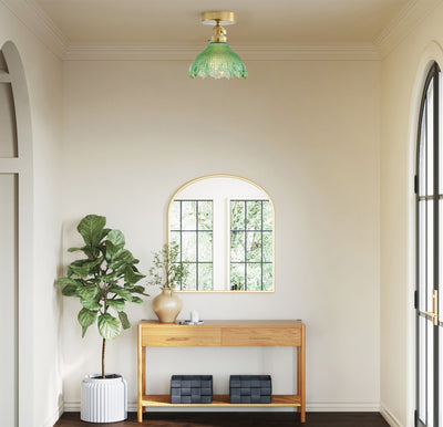 1-Light Mid-Century Semi Flush Ceiling Light, Brass Finish, Green Glass Shade,  for Hallway