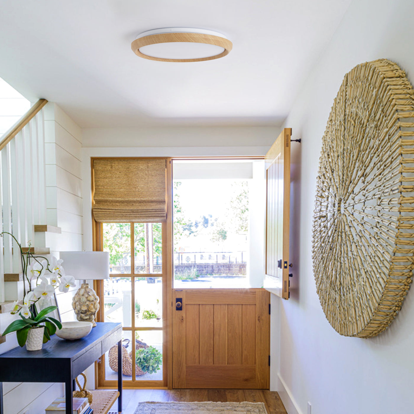 1 Light Natural Style LED Ceiling Light Wood Grain Frame  5CCT ETL Soft Glow