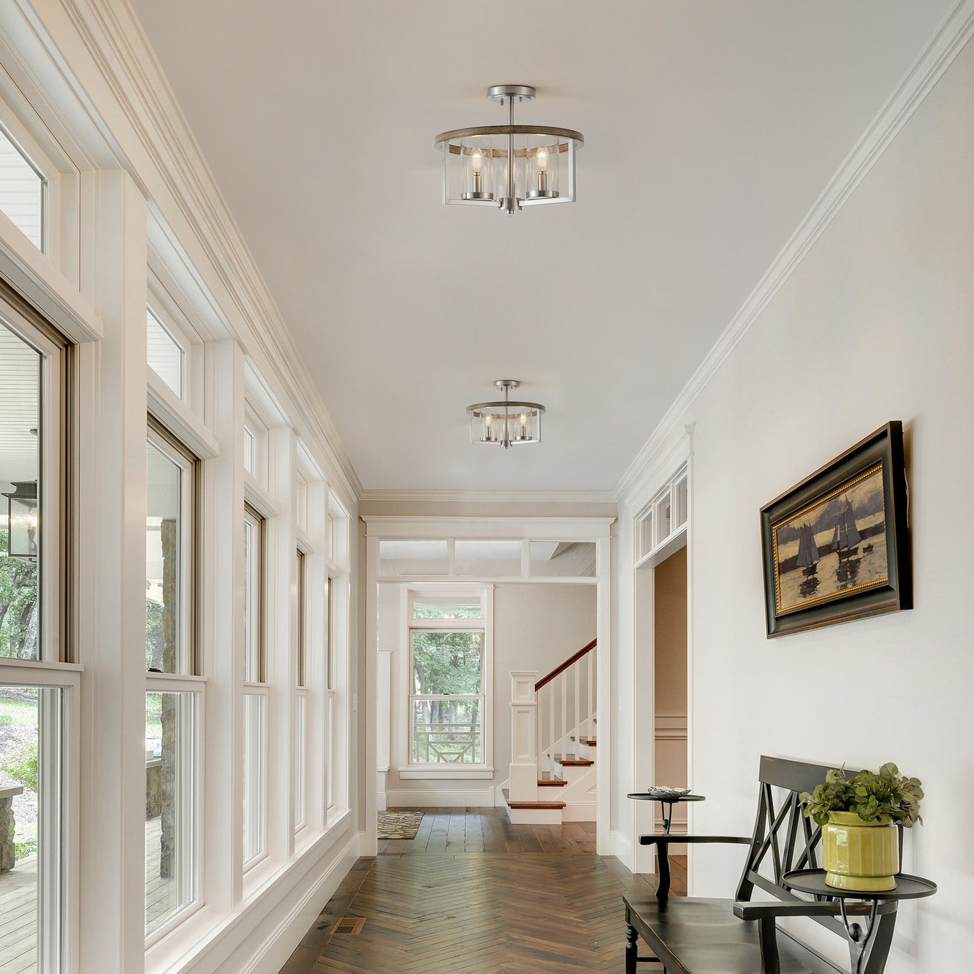 3 Light Industrial Semi Flush Mount Light Transparent Cylinder Shade High Transparency Glass for Dining Room Hallway