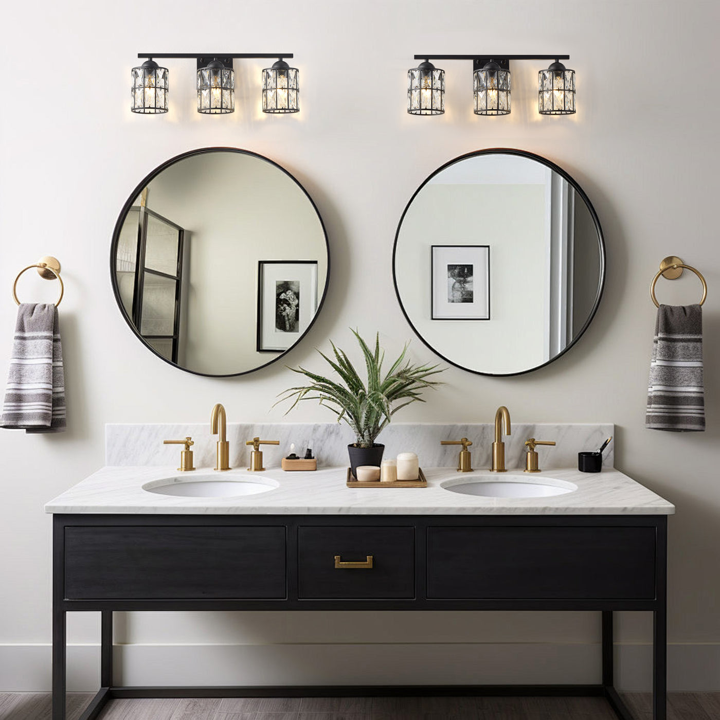 3-Light Black Crystal Wall Sconce, Industrial Vanity Light Fixture with Sparkling Crystal Lampshades