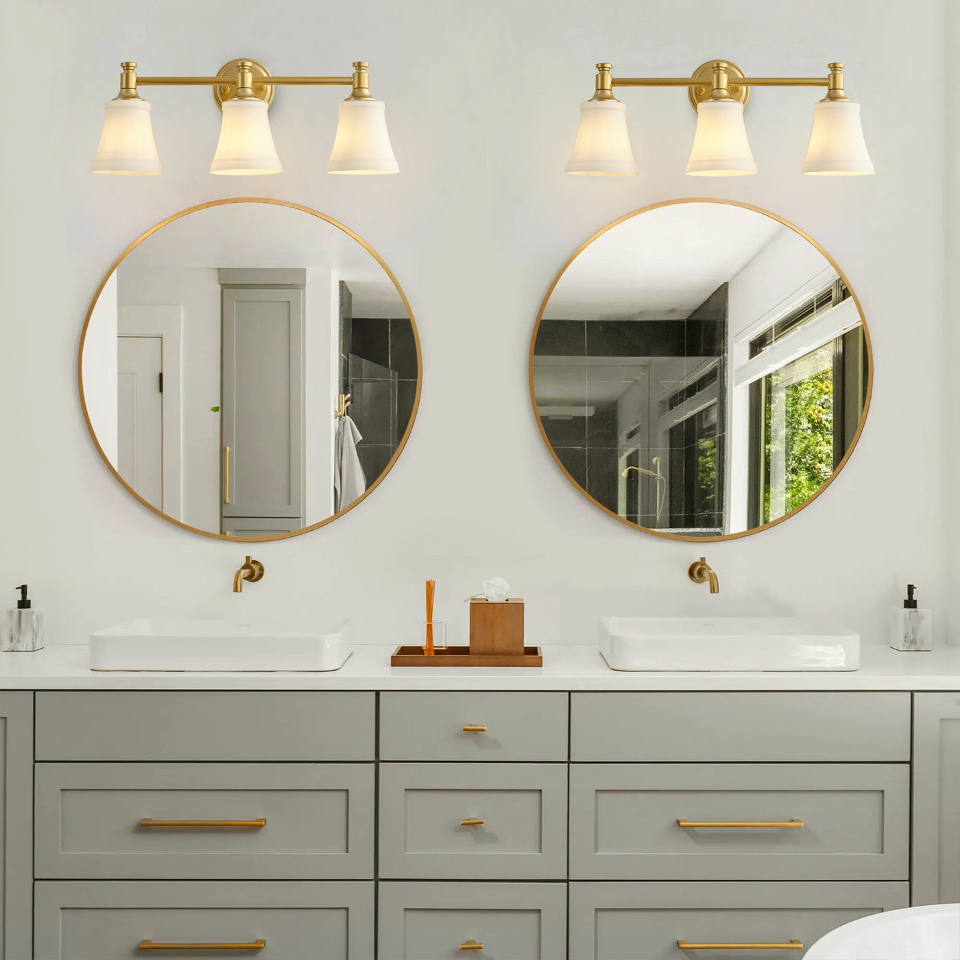 3-Light Bathroom Vanity Light, Antique Brass, Opal Glass ETL Listed