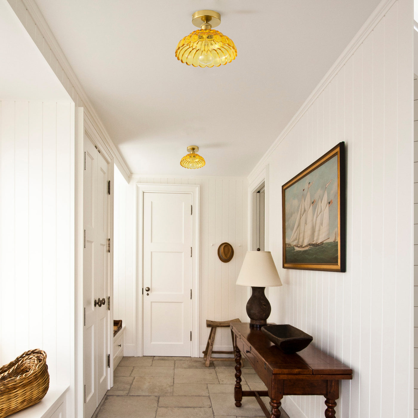1-Light Modern Vintage Ceiling Light Fixture, Amber Glass Semi Flush Mount with Brass Finish