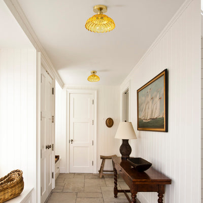 1-Light Modern Vintage Ceiling Light Fixture, Amber Glass Semi Flush Mount with Brass Finish