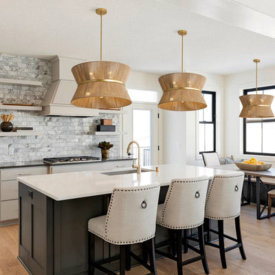 8-Light Boho Drum Pendant Light with Twine Shade Adjustable Hanging Light