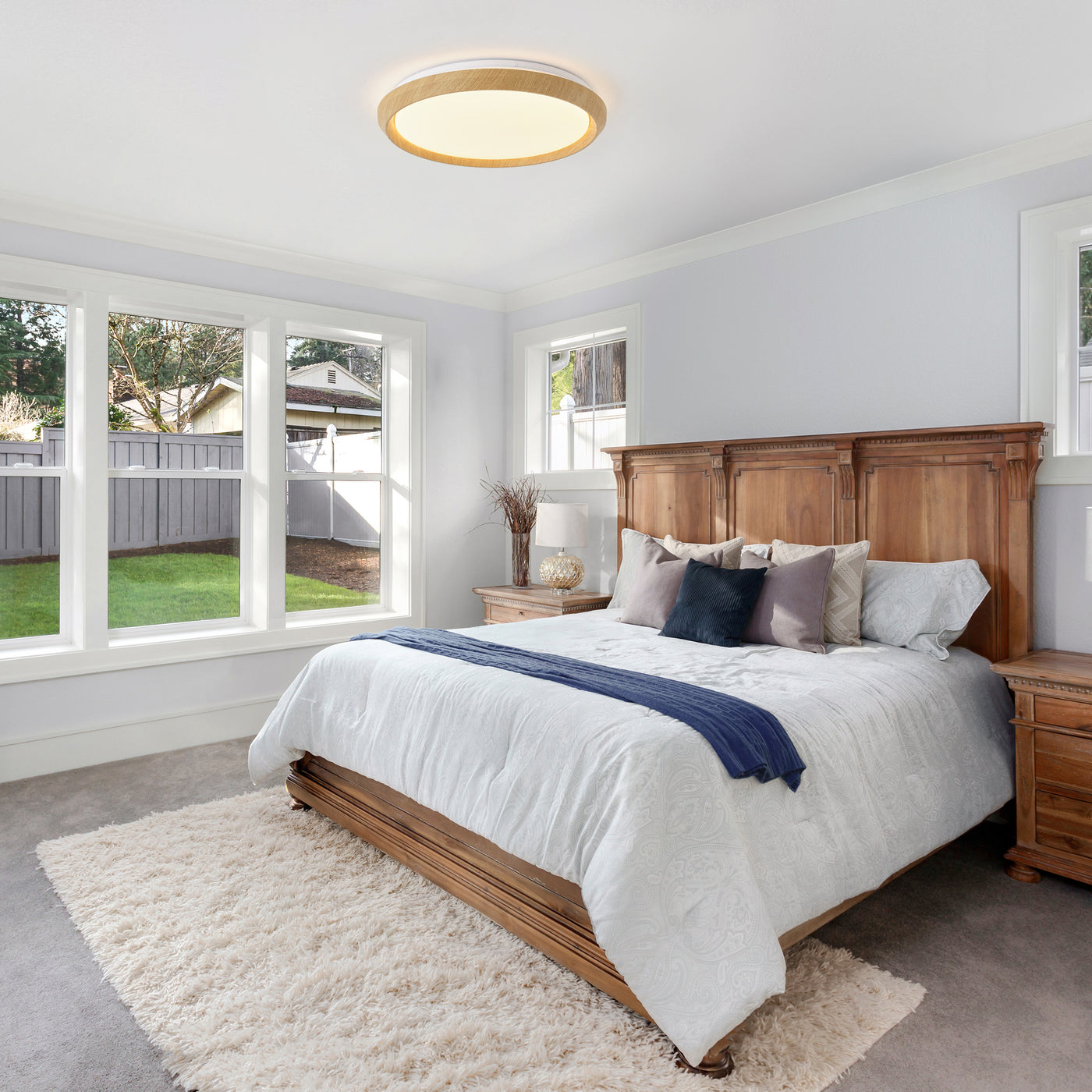 1 Light Natural Style LED Ceiling Light Wood Grain Frame  5CCT ETL Soft Glow