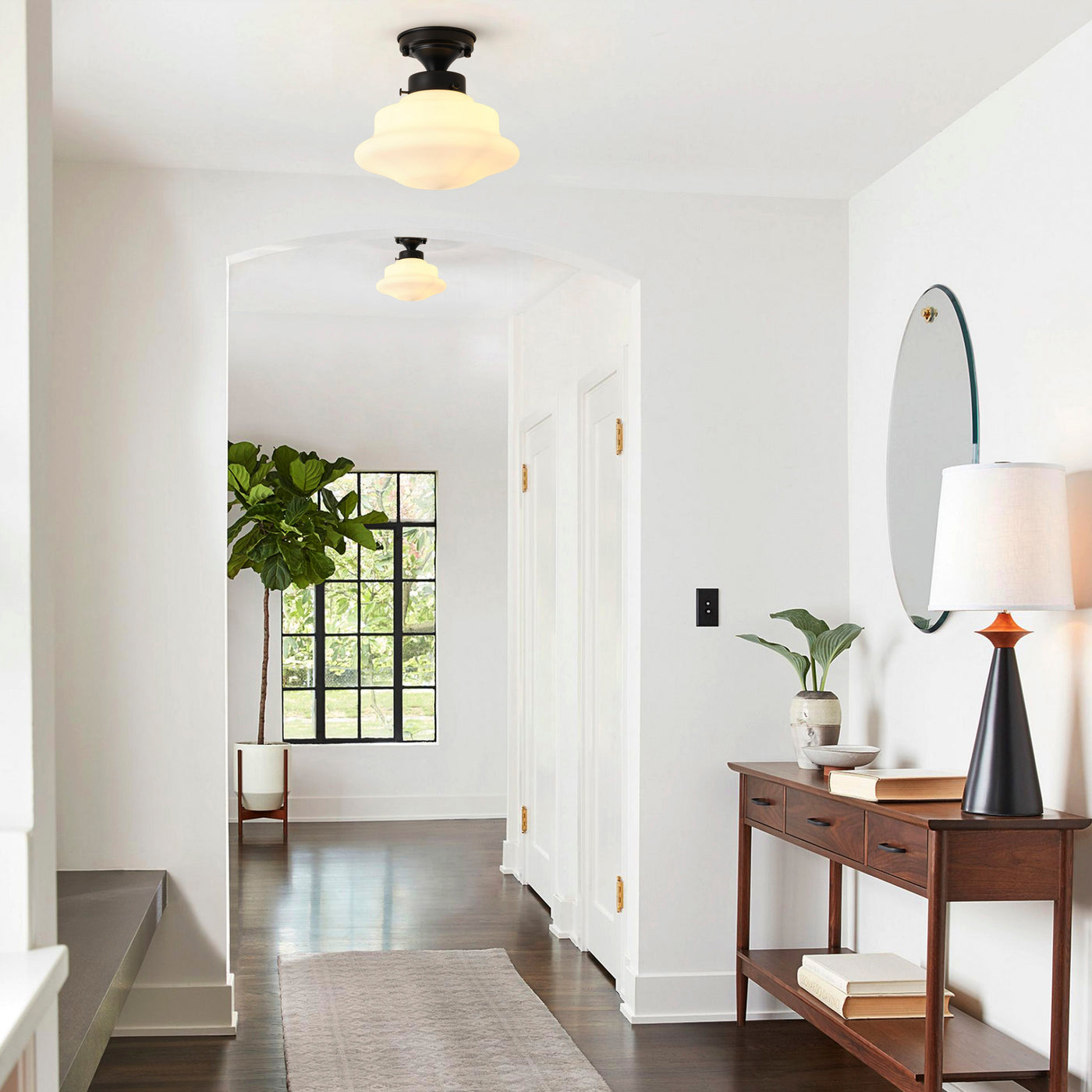 1 Light Retro Classic Semi Flush Mount Light Opal White Glass Shade Matte Black Ceiling Lamp