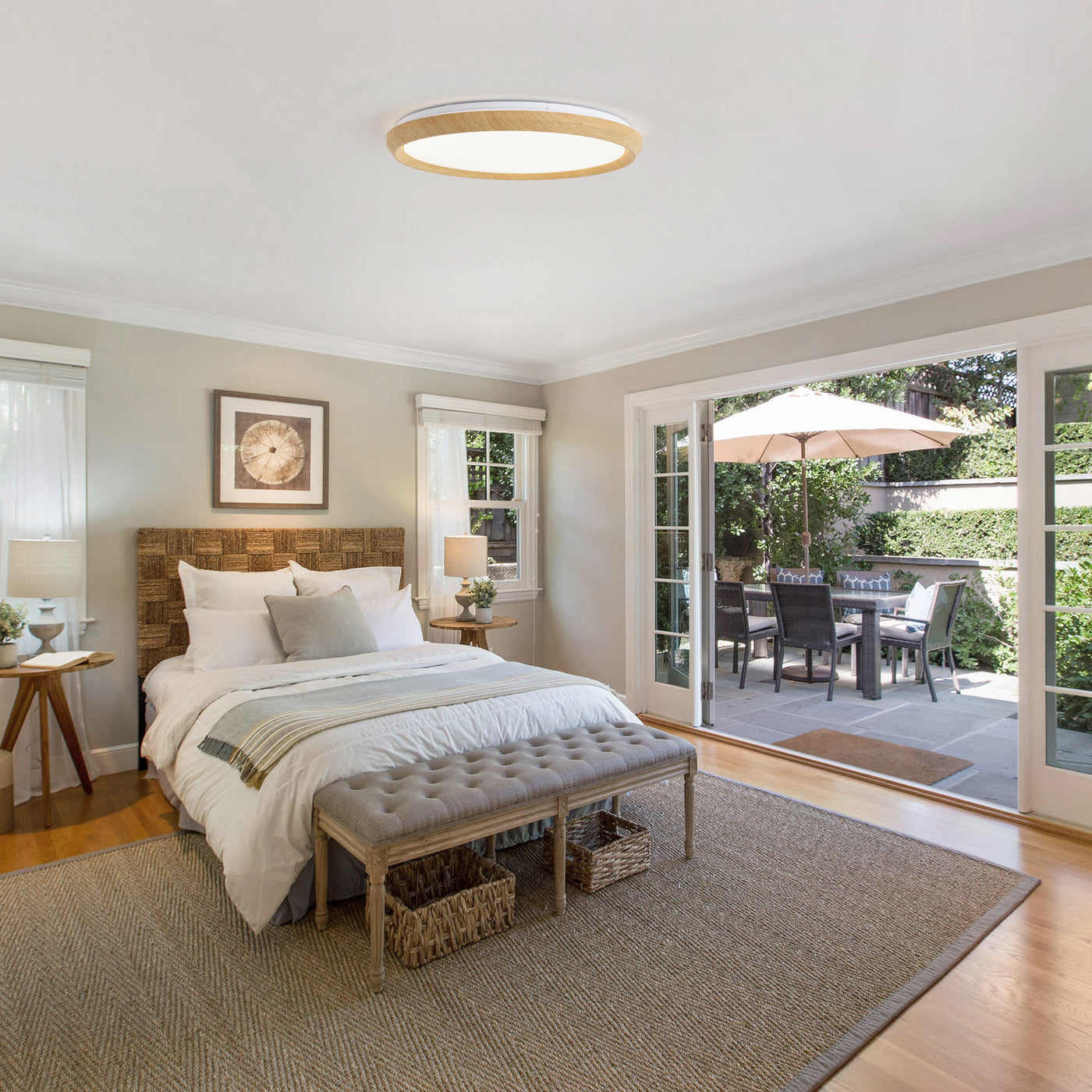 1 Light Natural Style LED Ceiling Light Wood Grain Frame  5CCT ETL Soft Glow