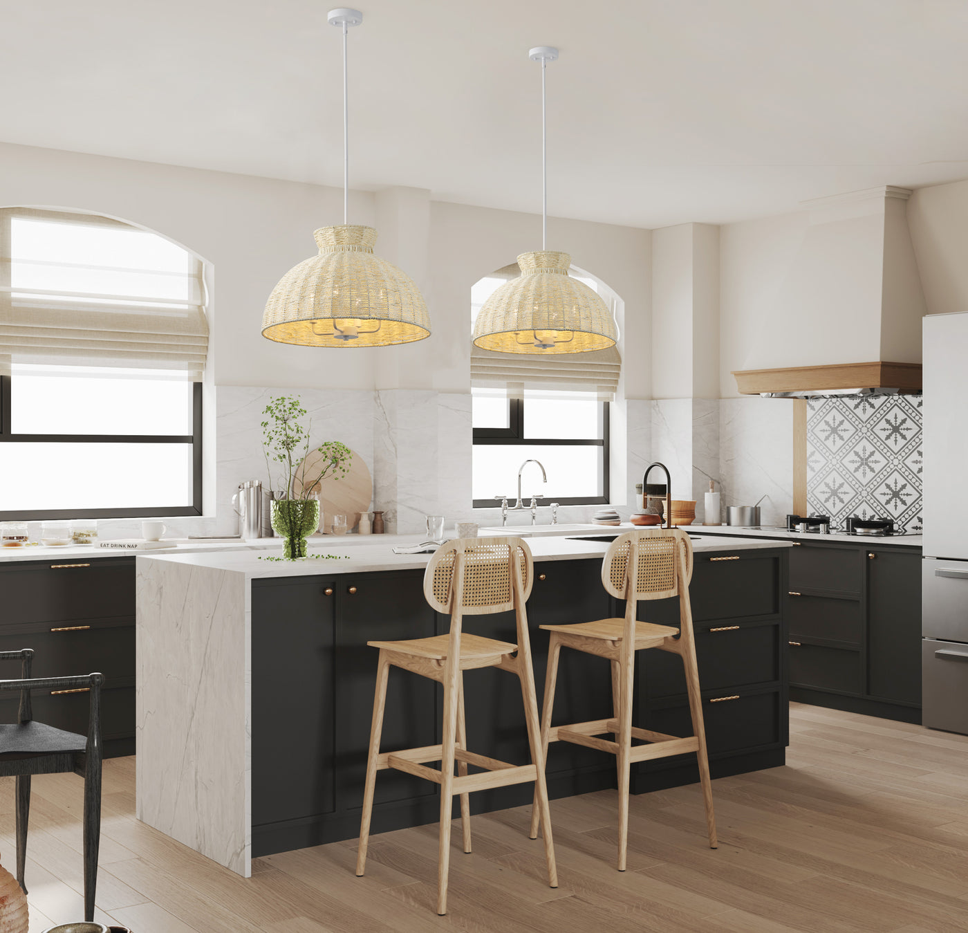 Dewdrop 4 Light Japandi Style Pendant Light Nordic Rattan Fixture ETL Certified for Living Room Bedroom