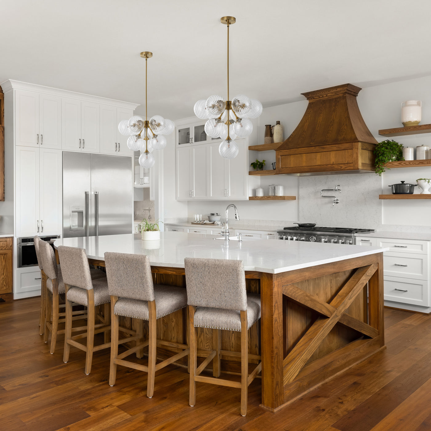 10-Light Art Deco Pendant Light, Brass & Clear Glass, Sloped-Ceiling Swivel, ETL for Kitchen