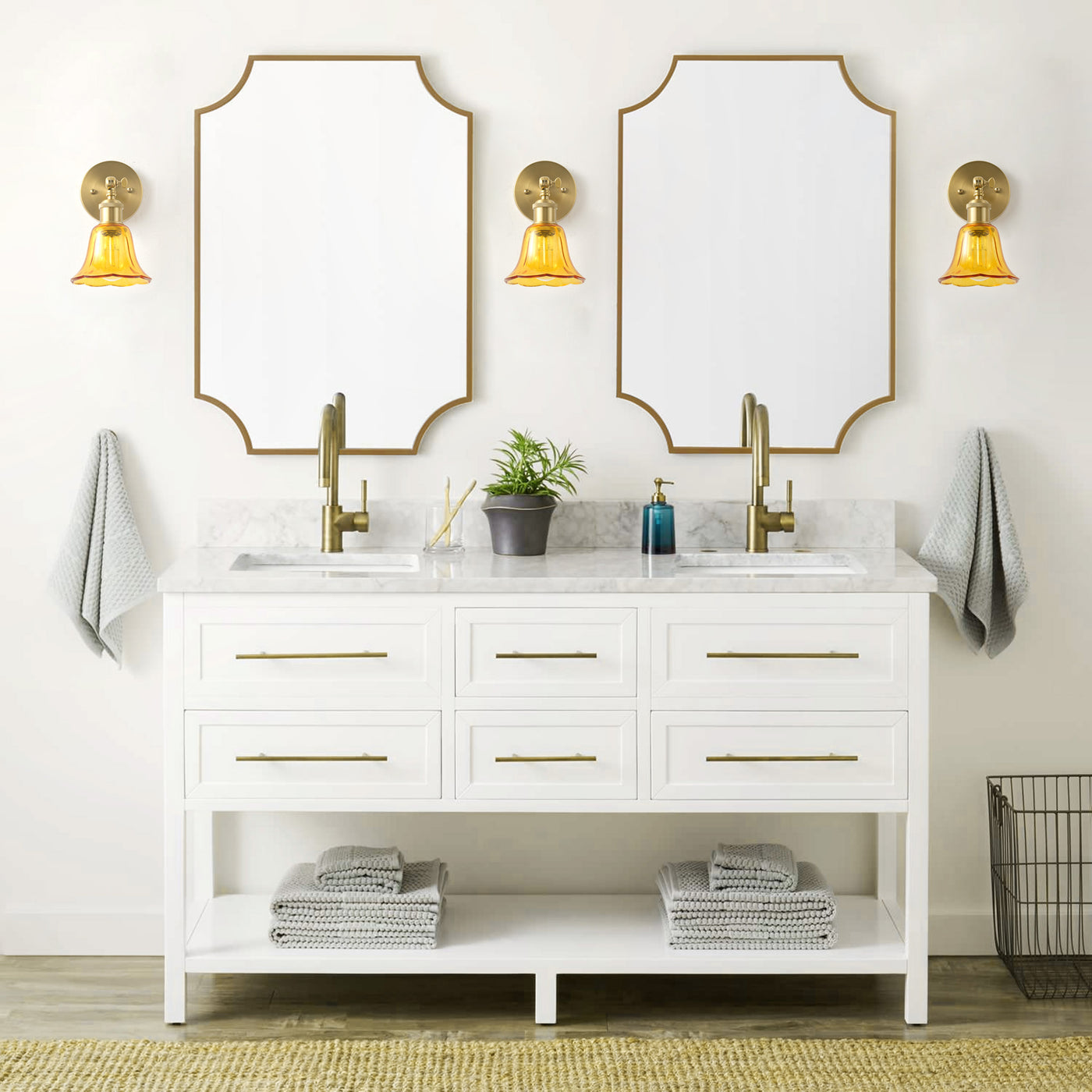 1-Light Vintage Wall Sconce, Brass Finish with Amber Glass Shade, E26 Bathroom Vanity