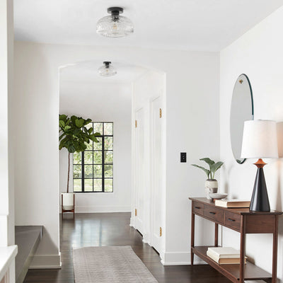 1-Light Industrial Flush Mount, Clear Patterned Glass Dome, Hallway Bedroom Ceiling Light