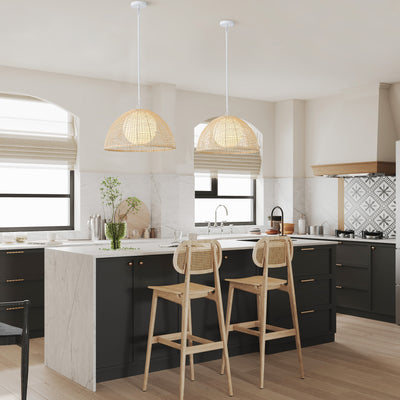 1 Light Boho Rattan Pendant Light Wicker Light Fixture Woven Dome For Kitchen Island Living Room