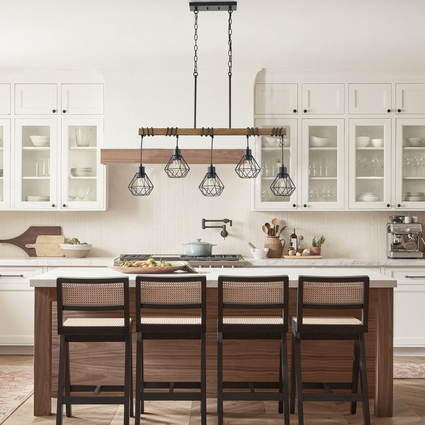5-Light Farmhouse Chandelier, Rustic Kitchen Island Lighting with Wood Beam and Black Metal Cage Shades