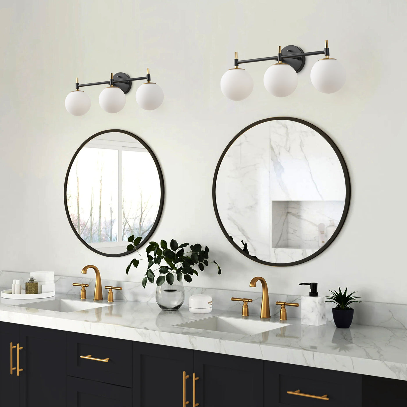 3-Light Black & Gold Vanity Light for Bathroom, Mid-Century Modern, Opal Globe Shades