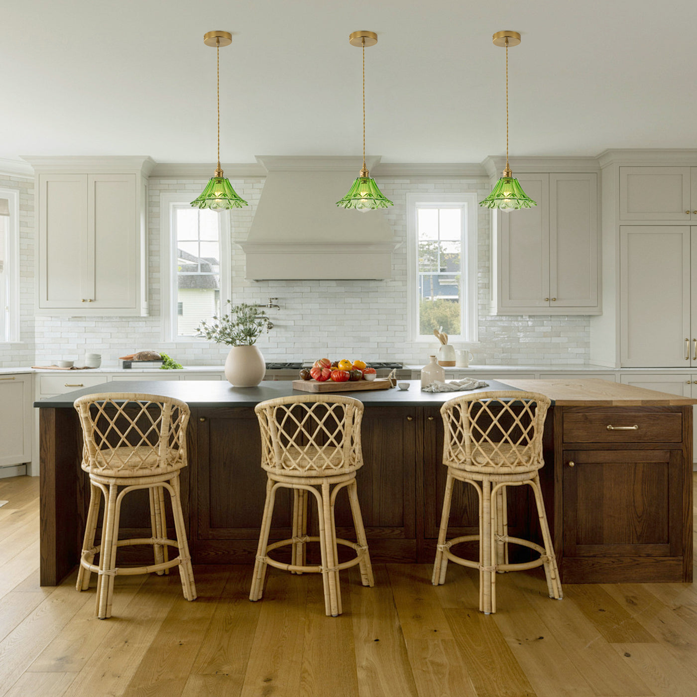 3-Light Vintage Pendant Lights Green Glass Shade 65.95in Adjustable For Kitchen
