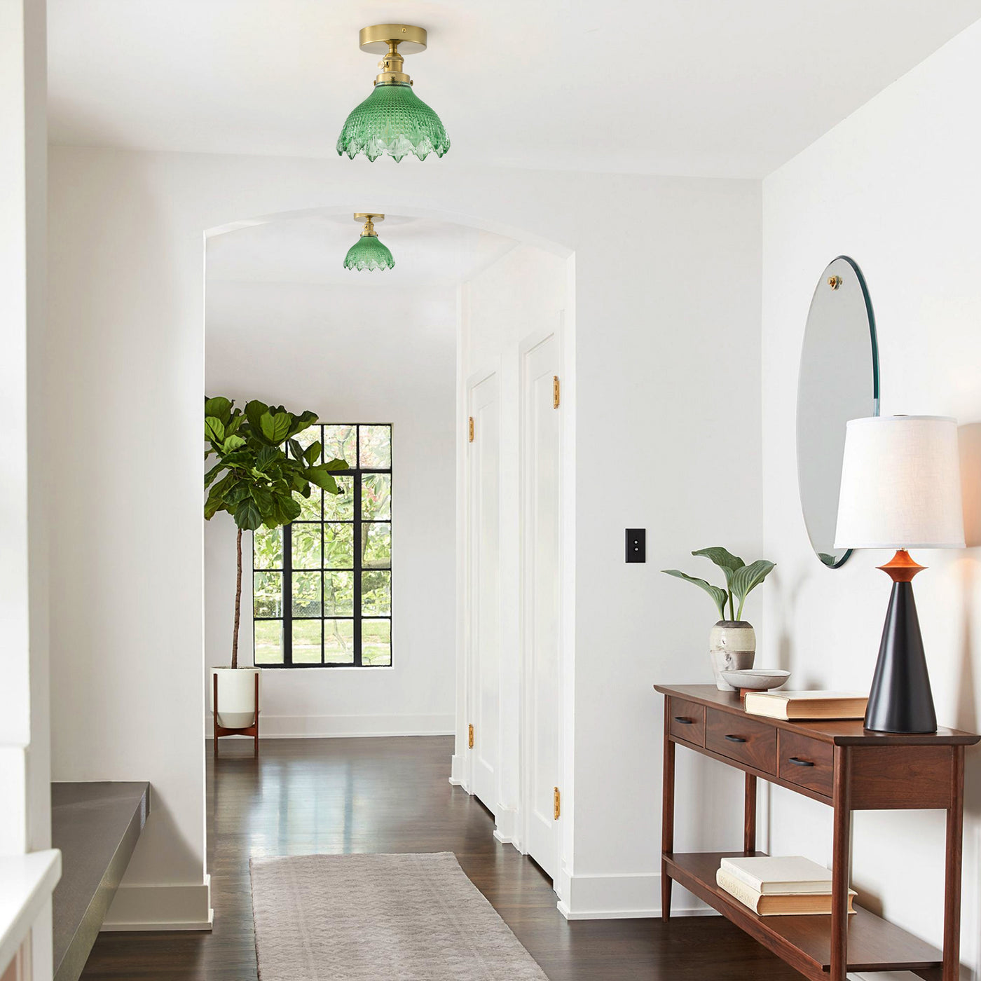 1-Light Mid-Century Semi Flush Ceiling Light, Brass Finish, Green Glass Shade,  for Hallway