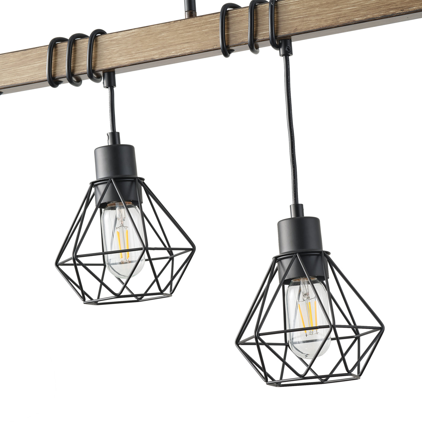 5-Light Farmhouse Chandelier, Rustic Kitchen Island Lighting with Wood Beam and Black Metal Cage Shades