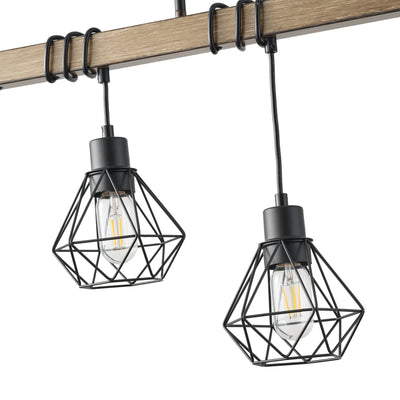 5-Light Farmhouse Chandelier, Rustic Kitchen Island Lighting with Wood Beam and Black Metal Cage Shades