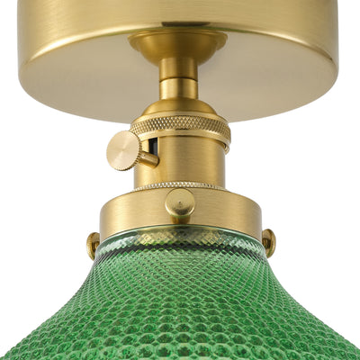 1-Light Mid-Century Semi Flush Ceiling Light, Brass Finish, Green Glass Shade,  for Hallway