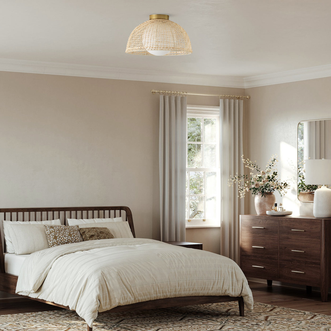 1-Light Boho Rattan Semi Flush Mount Ceiling Light,Frosted Globe