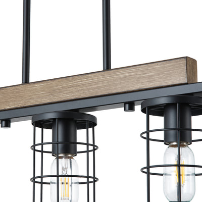 5‑Light Industrial Farmhouse Pendant Light 36.22 Inch Black Faux Wood Grain Iron Frame