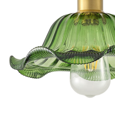 1-Light Retro Green Glass Ceiling Light Fixture, Brass Semi Flush Mount, E26 Vintage Farmhouse Lighting