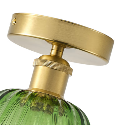 1-Light Retro Green Glass Ceiling Light Fixture, Brass Semi Flush Mount, E26 Vintage Farmhouse Lighting