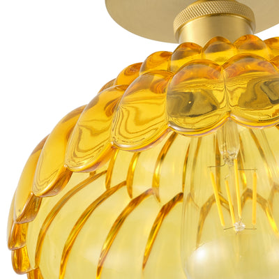 1-Light Modern Vintage Ceiling Light Fixture, Amber Glass Semi Flush Mount with Brass Finish