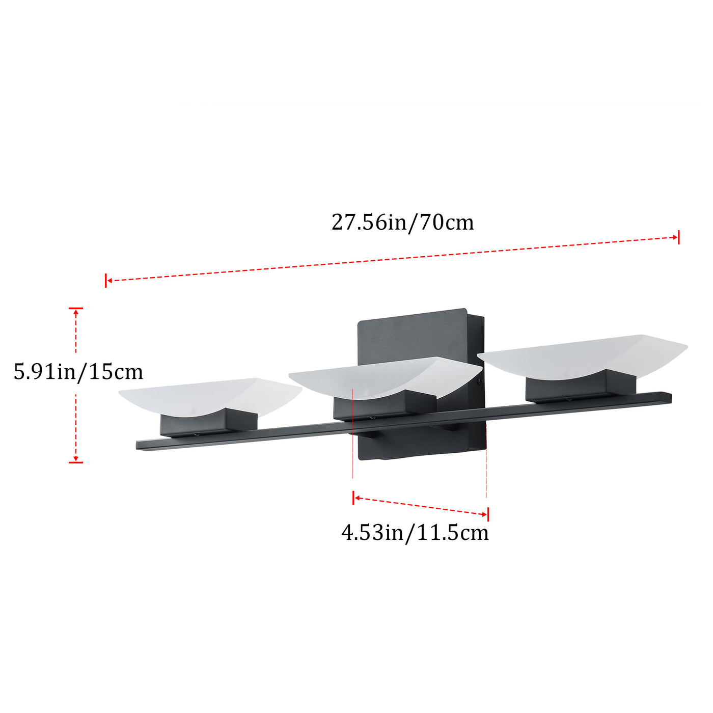 3-Light Bathroom LED Vanity Light  Black Frosted Glass Shades