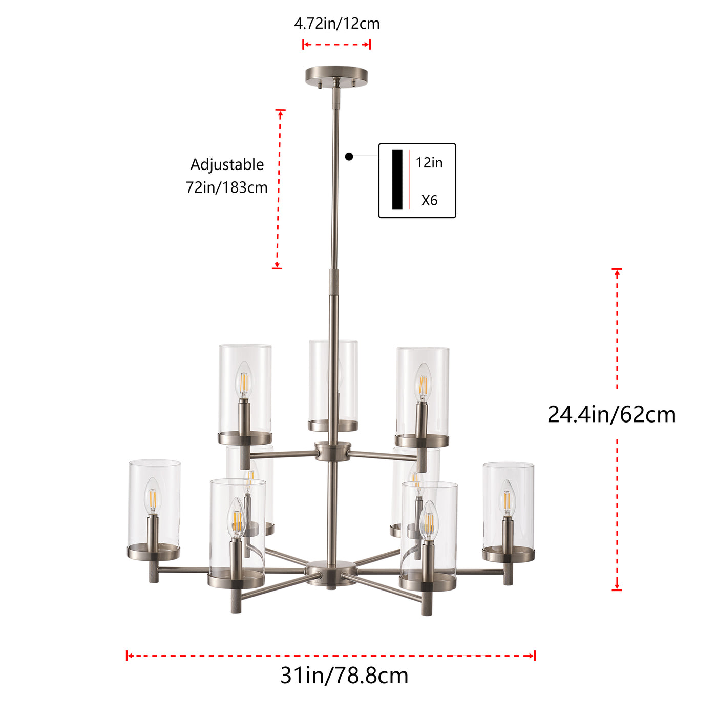 9-Lights Candle Shape Dimmable Glass Adjustable Chandelier