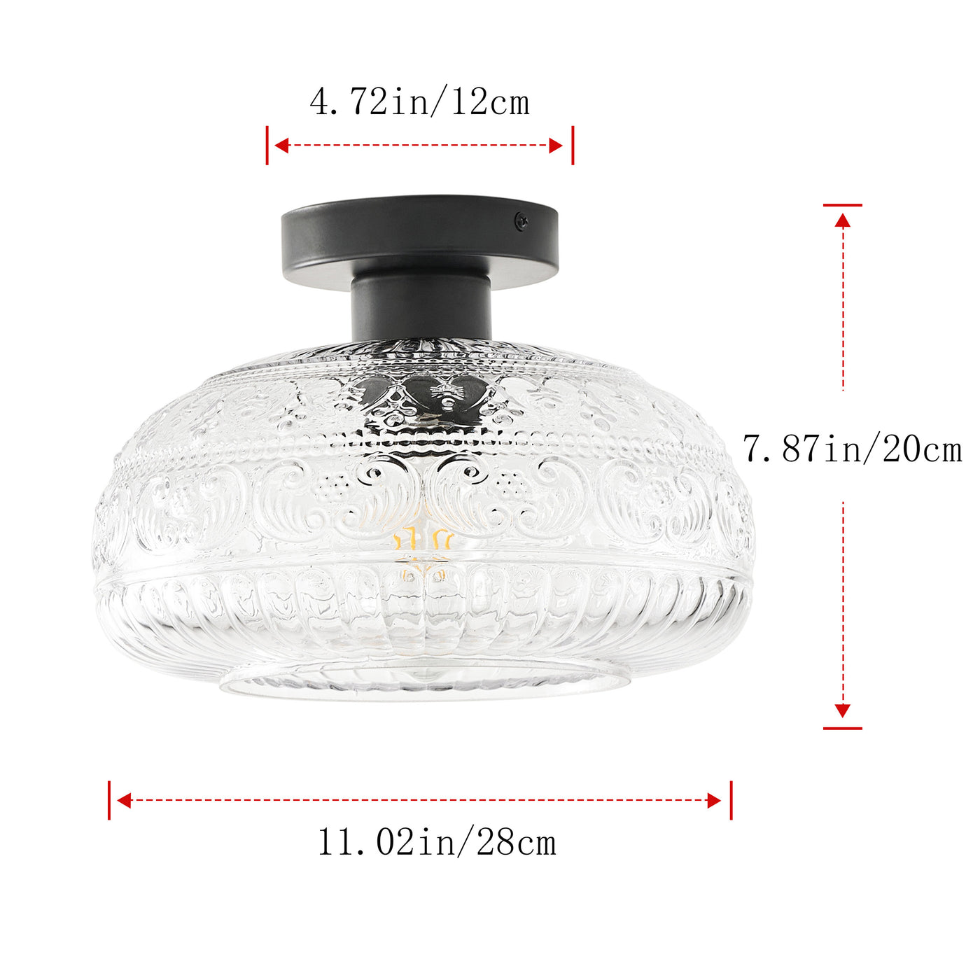 1-Light Industrial Flush Mount, Clear Patterned Glass Dome, Hallway Bedroom Ceiling Light