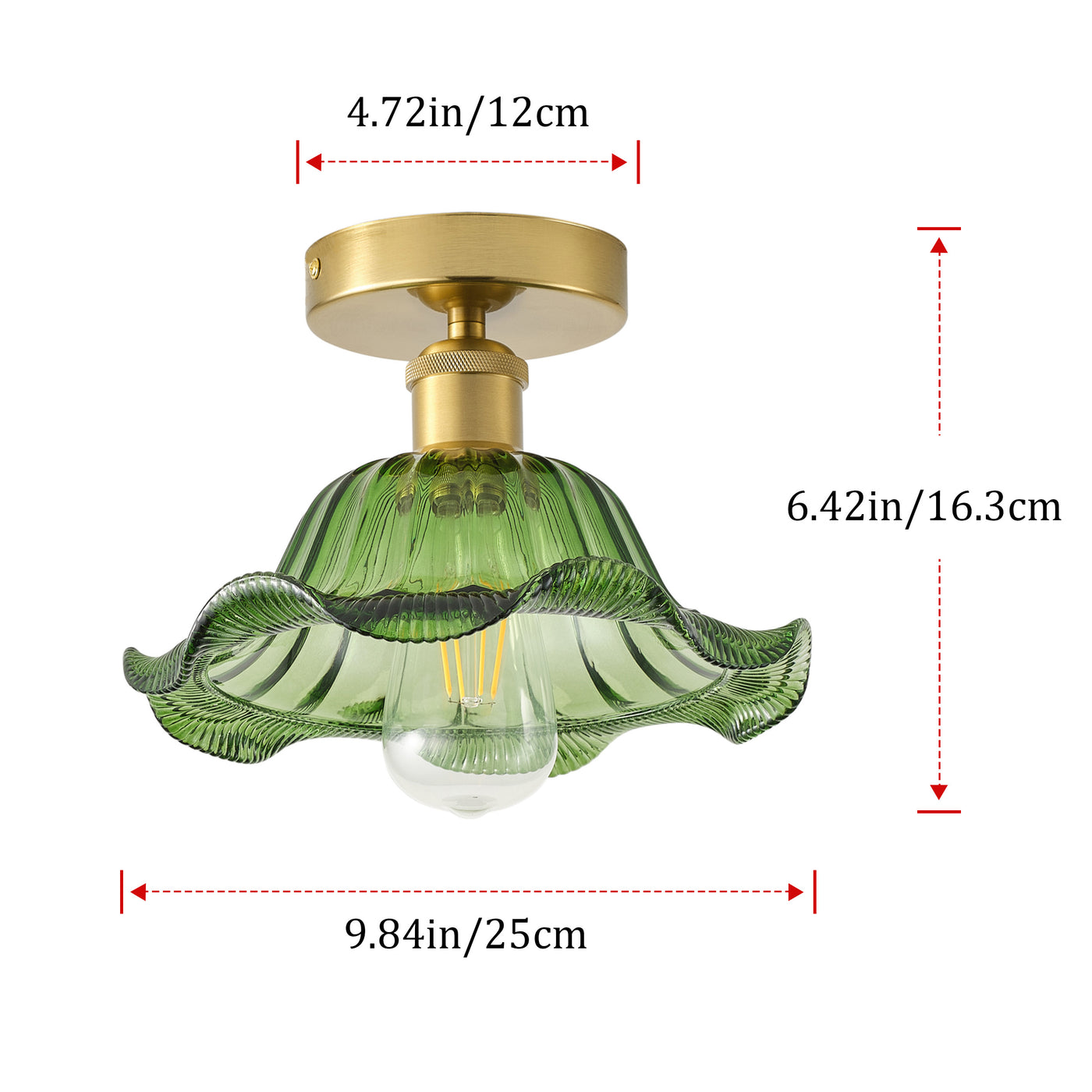 1-Light Retro Green Glass Ceiling Light Fixture, Brass Semi Flush Mount, E26 Vintage Farmhouse Lighting