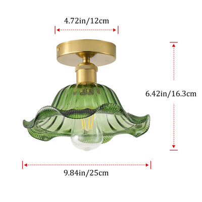 1-Light Retro Green Glass Ceiling Light Fixture, Brass Semi Flush Mount, E26 Vintage Farmhouse Lighting