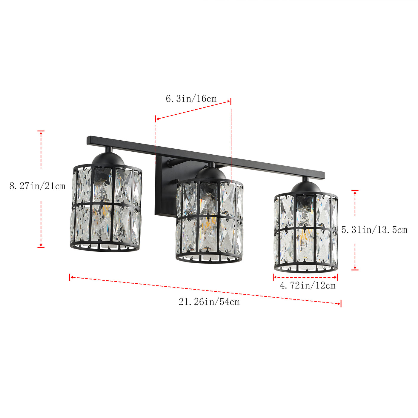 3-Light Black Crystal Wall Sconce, Industrial Vanity Light Fixture with Sparkling Crystal Lampshades