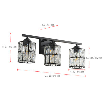 3-Light Black Crystal Wall Sconce, Industrial Vanity Light Fixture with Sparkling Crystal Lampshades