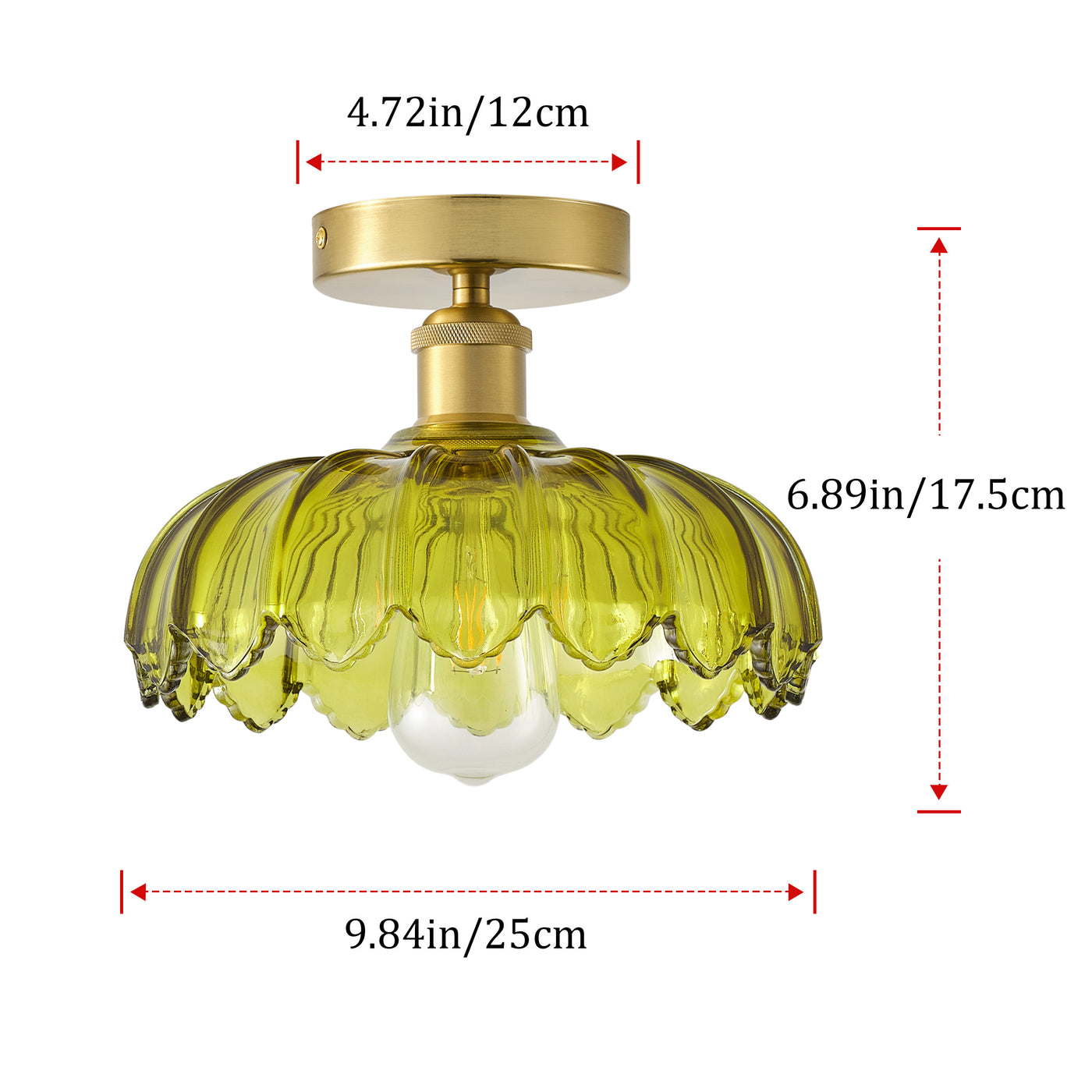 1-Light Semi Flush Mount Ceiling Light, Vintage Green Glass Shade with Antique Brass Base