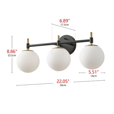 3-Light Black & Gold Vanity Light for Bathroom, Mid-Century Modern, Opal Globe Shades