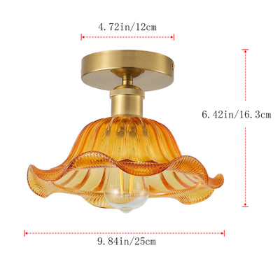 1-Light Vintage Amber Glass Flush Mount Ceiling Light  Flower Shade Fixture