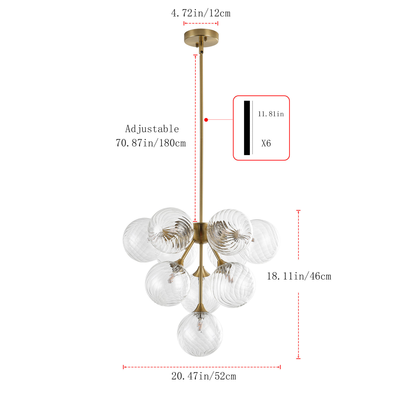 10-Light Art Deco Pendant Light, Brass & Clear Glass, Sloped-Ceiling Swivel, ETL for Kitchen