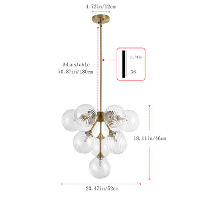 10-Light Art Deco Pendant Light, Brass & Clear Glass, Sloped-Ceiling Swivel, ETL for Kitchen