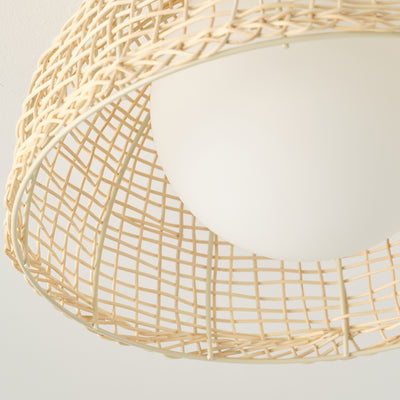 1-Light Boho Rattan Semi Flush Mount Ceiling Light,Frosted Globe