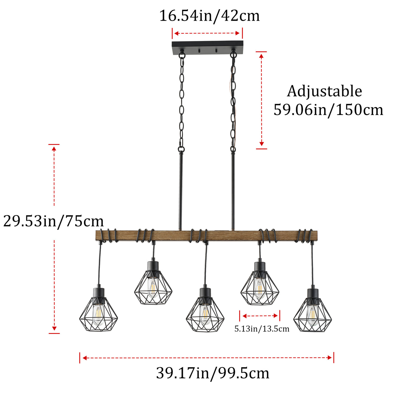 5-Light Farmhouse Chandelier, Rustic Kitchen Island Lighting with Wood Beam and Black Metal Cage Shades