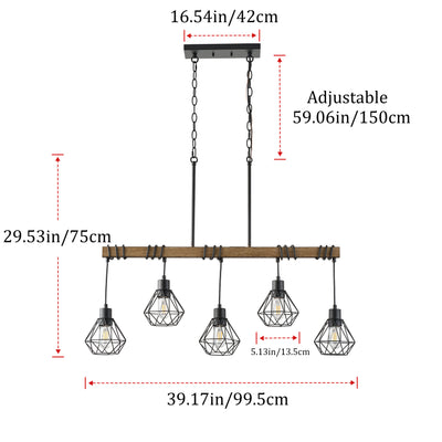5-Light Farmhouse Chandelier, Rustic Kitchen Island Lighting with Wood Beam and Black Metal Cage Shades