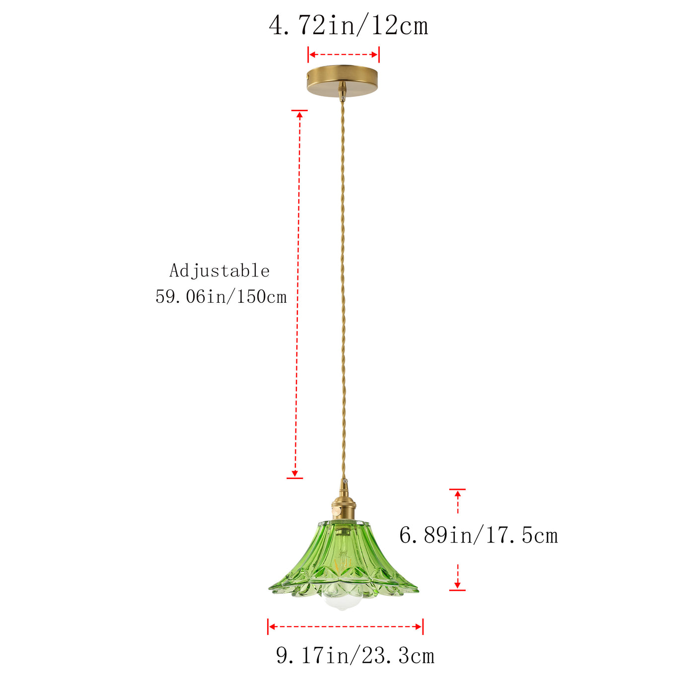3-Light Vintage Pendant Lights Green Glass Shade 65.95in Adjustable For Kitchen